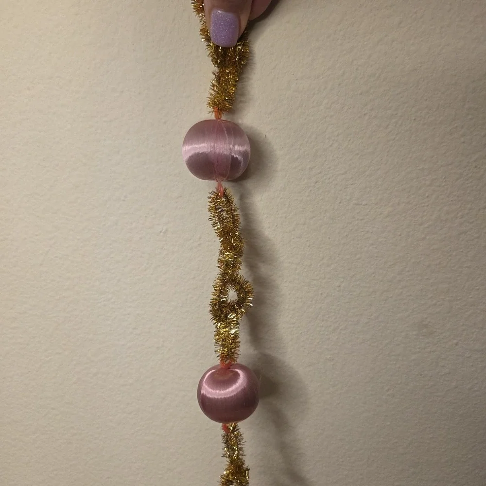 VTG 22 Ft Pink Satin Ball Gold Tinsel Christmas Tree Garland Mid Century